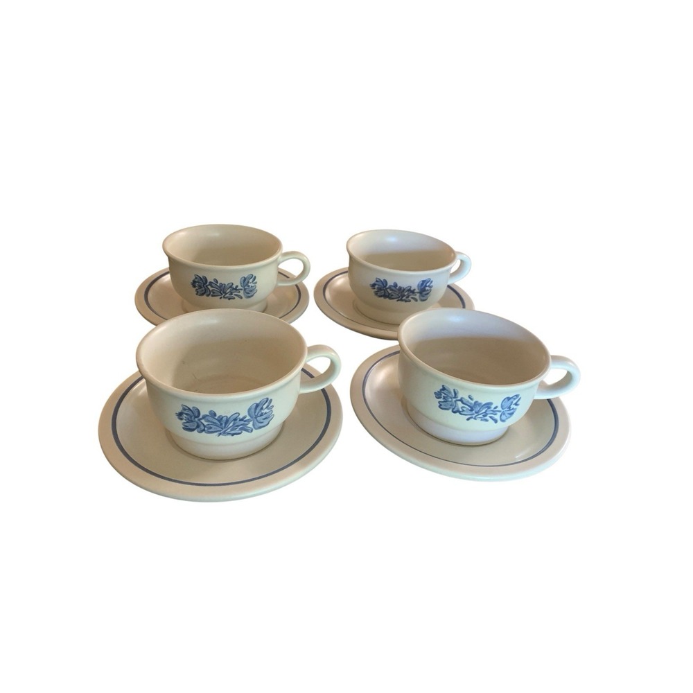 Pfaltzgraff Yorktowne Blue Stoneware Set 4 Tea Cups and Saucers Vintage